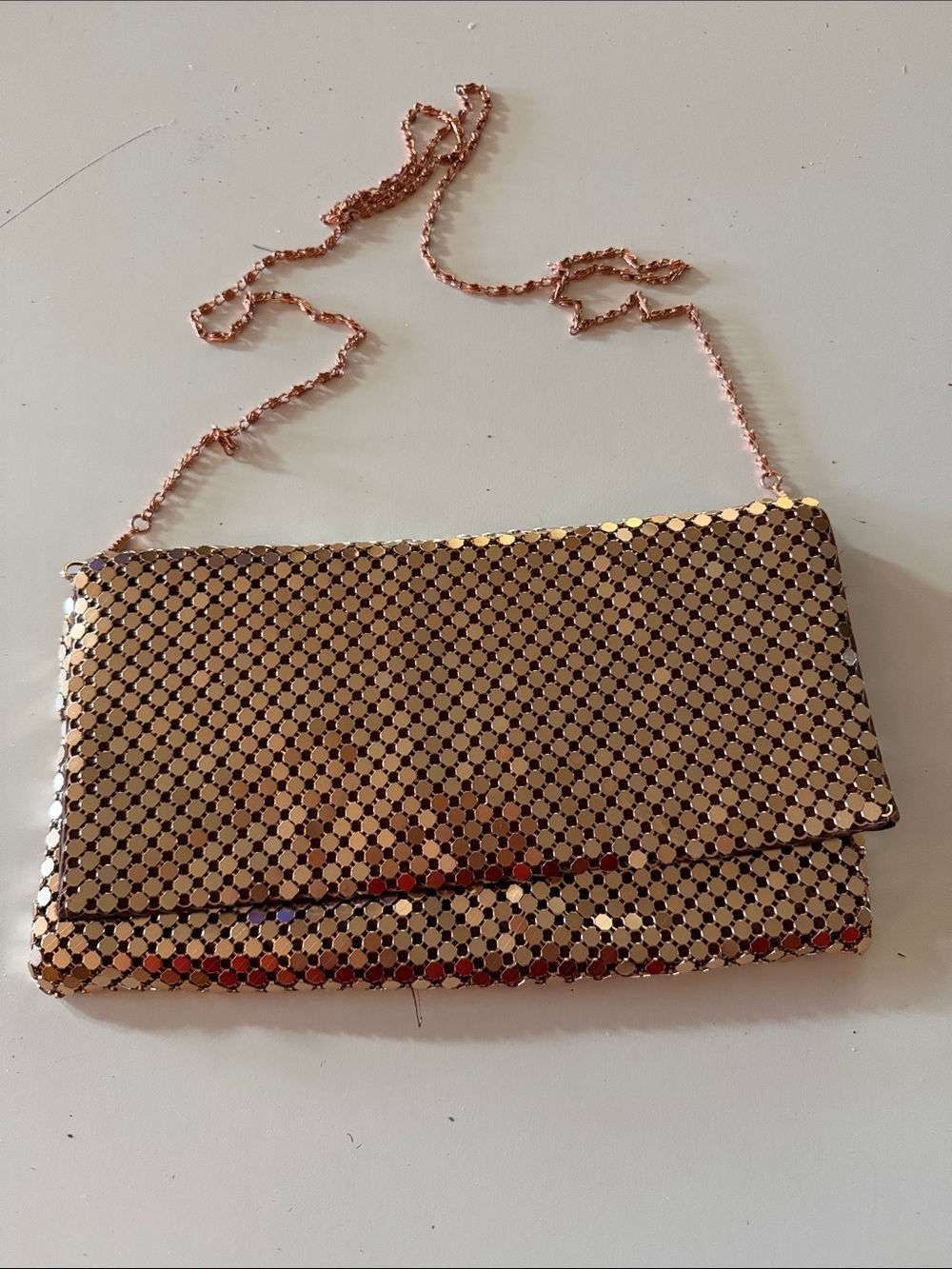 Kate Landry Rosegold mesh metal evening clutch. Removable chain strap.